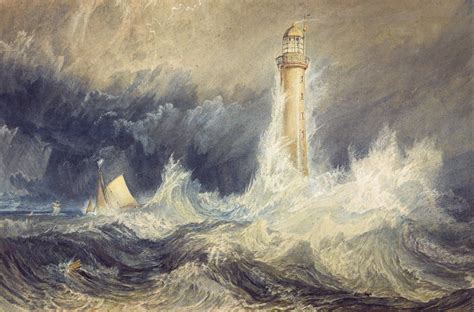 a painting of a light house in the middle of a storm with sailboats ...