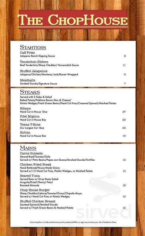 The Chop House menu in Hico, Texas, USA