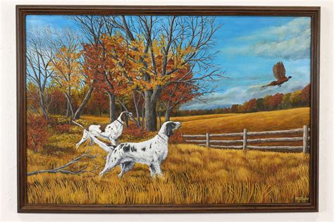 Hunting Dogs & Pheasant Vintage Original Oil Painting Otum 38.5"