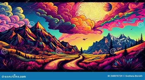 Colorful Psychedelic Landscape Cartoon Style Wallpaper. 70s Hippie ...