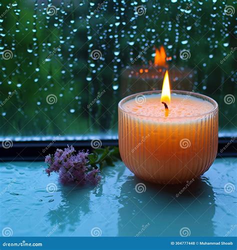 Monsoon Serenity Flame Burning Aroma Candle by Rain Streaked Window ...