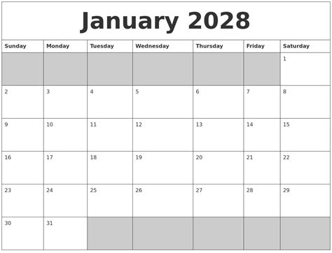 January 2028 Blank Printable Calendar