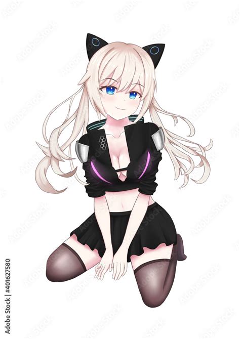 Cyberpunk style anime girl, White Long hair, Cat ear, Blue eye, Black ...