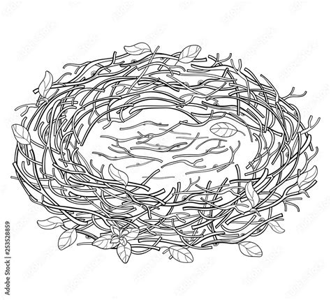 Drawing of outline empty bird nest in black isolated on white ...