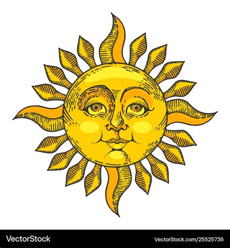 Sun with face color sketch engraving style Vector Image