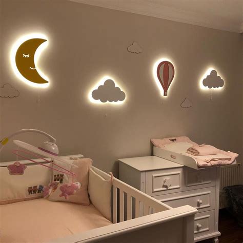 Set of 4 Wooden Baby Room Night Light, 1 Hot Balloon + 2 Clouds + 1 Moon Baby Nursery Lamp, Baby ...