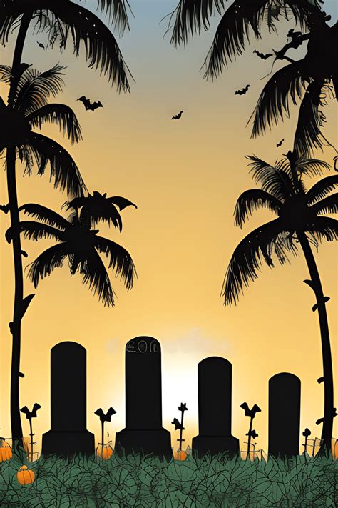 Cemetery at Night Halloween Theme Coconut Trees Silhouette Kawaii Chibi ...