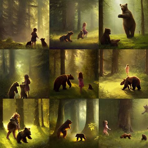 two young girls playing with a pet bear in the forest. | Stable Diffusion | OpenArt