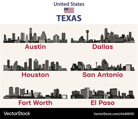 Texas cities skylines silhouettes set Royalty Free Vector