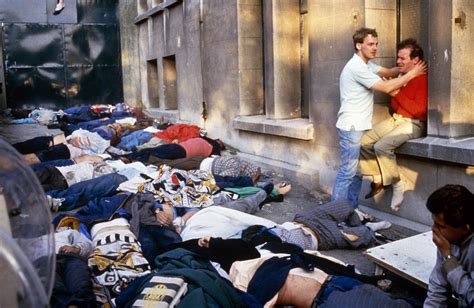 Heysel Stadium disaster, Belgium, May 29th, 1985. Human crush resulting in 39 deaths. A man ...