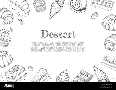 Sketch dessert. Cake, pastry and ice cream, muffin in vintage style. Hand drawn desserts vector ...
