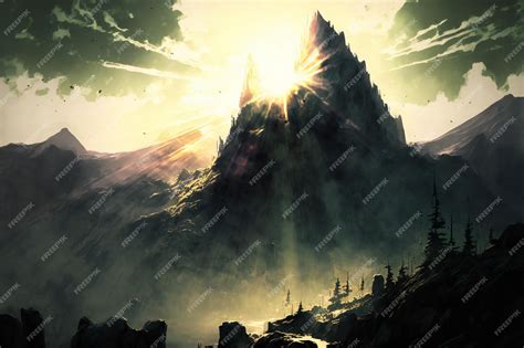 Premium Photo | Mountain landscape with sun beams digital illustration painting