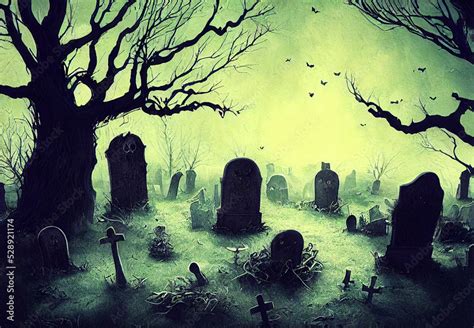 spooky Halloween night at graveyard , digital art background Stock ...