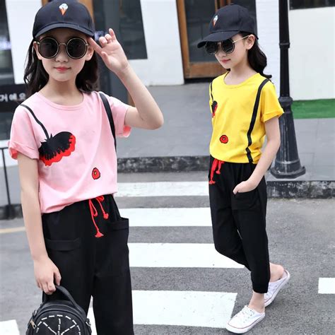 Limited Edition Girl Summer Sports Suit Children Clothing 5 14Y Vintage Flower Print T shirt ...