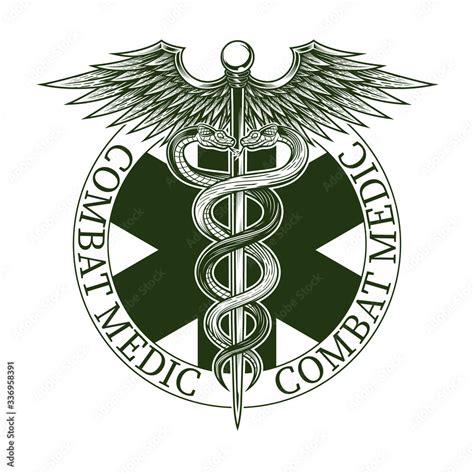 Combat medic emblem. Vector illustration of star of life with Caduceus symbol in engraving ...