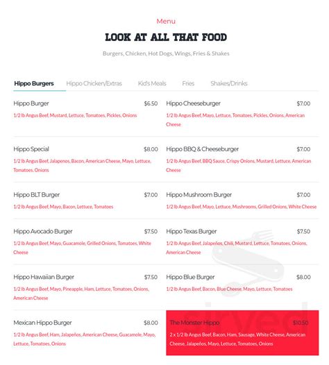 Hippo Burgers menu in Crosby, Texas, USA