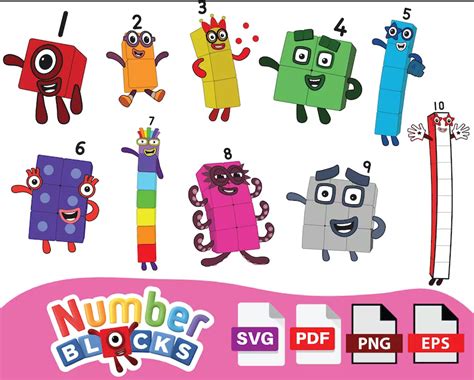 the numbers blocks are colorful and have funny faces on them, as well as an image of