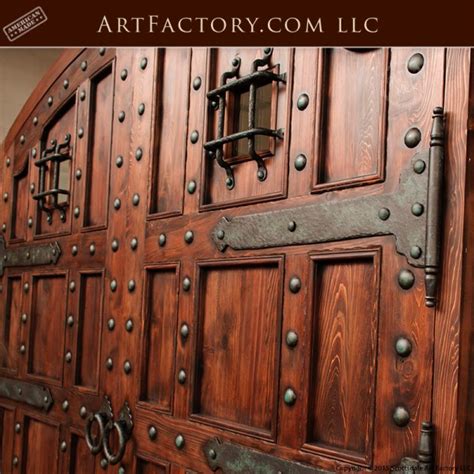 Custom Castle Entrance Doors: Iron Speakeasy Grill & Strap Hinges