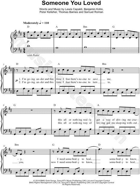 Lewis Capaldi "Someone You Loved" Sheet Music (Easy Piano) in D Major - Download & Print | Piano ...