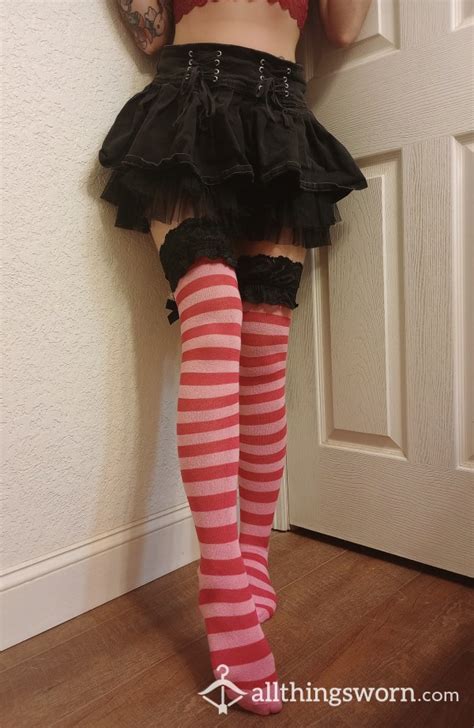 Buy Pink Striped Thigh High Socks