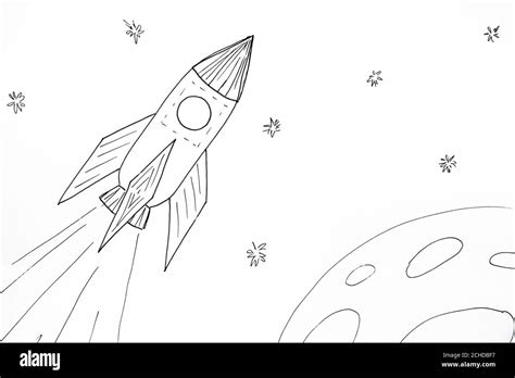 Rocket in space. Black and white. Hand drawing made by black pen Stock ...