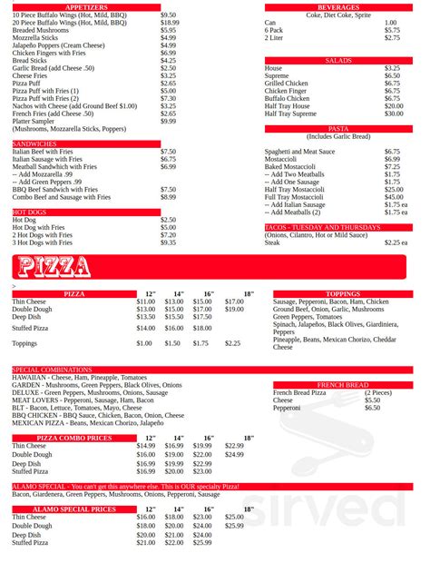 Menu for Alamo Pizzeria in Suamico, WI | Sirved