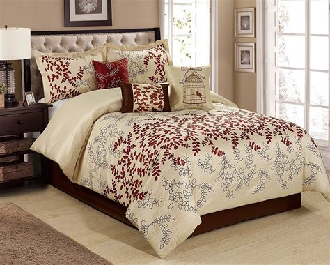 Burgundy Bedding Sets - 7 Piece Saratoga full of leaves embroidered and print Comforter Set ...