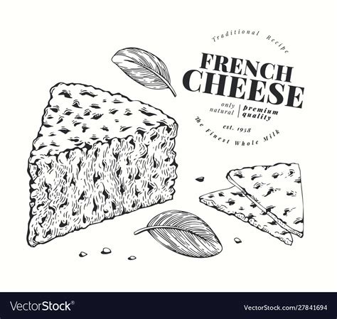 French cheese hand drawn blue engraved Royalty Free Vector