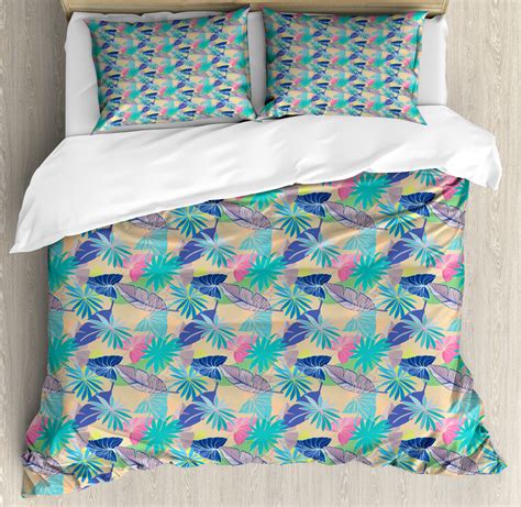 Tropical Duvet Cover Set King Size, Exotic Hawaiian Flora with Colorful Foliage Leaves ...