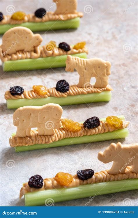 Ants on a Log Snack with Celery Peanut Butter, Raisins and Cookie Stock Photo - Image of healthy ...