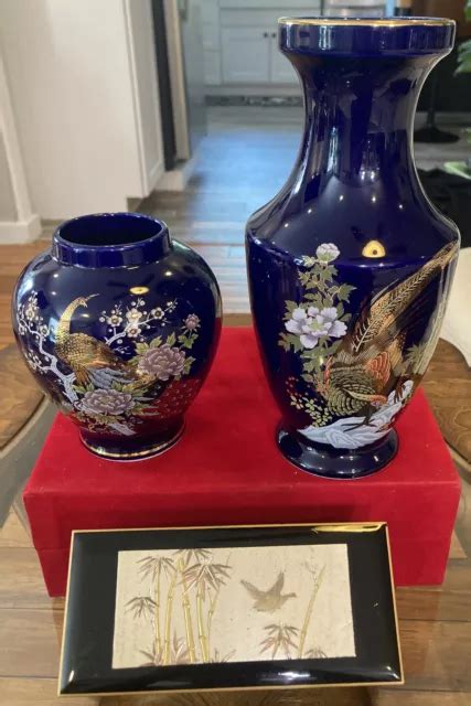 JAPANESE COBALT BLUE Ginger Jar, Kutani Style Vase & Japan Black Music ...