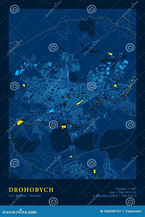 Drohobych Map Vector Poster High Detailed Map in National Yellow Blue ...