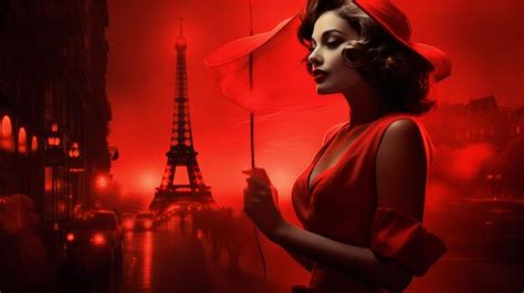 Premium AI Image | noir style burlesque autumn a woman in a red dress at the eiffel tower at night
