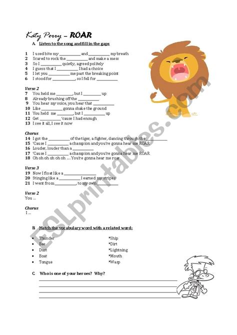 Song Katy Perry Roar - ESL worksheet by mohlj81