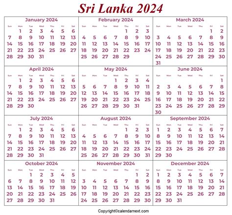 Printable Sri Lanka 2024 Calendar Template with Holidays