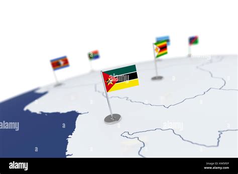 Mozambique flag. Country flag with chrome flagpole on the world map ...