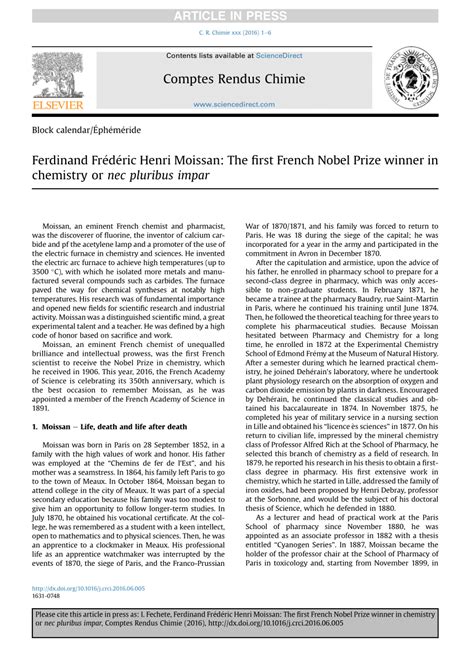 (PDF) Ferdinand Frédéric Henri Moissan: The first French Nobel Prize winner in chemistry or nec ...