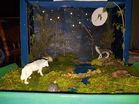 a display case with fake animals in the grass and rocks on the ground ...