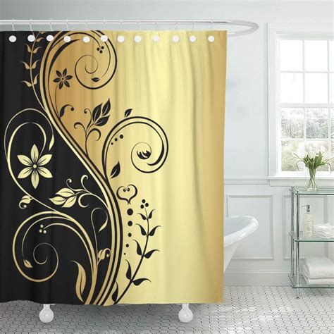 CYNLON Vintage Elegant Gold Floral Black Trendanista Chic Bathroom Decor Bath Shower Curtain ...