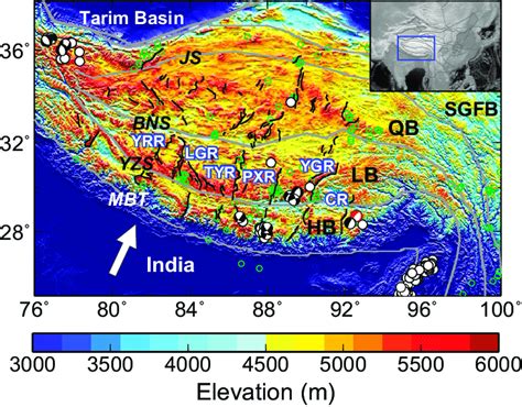 Background topographic map (color) of the study region. Inset shows its ...