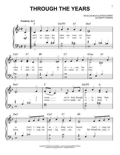 Through The Years by Kenny Rogers Sheet Music for Easy Piano at Sheet Music Direct