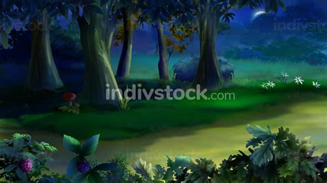 Pathway in a forest at night. Digital Painting Background, Illustration. - Stock Photo - image ...