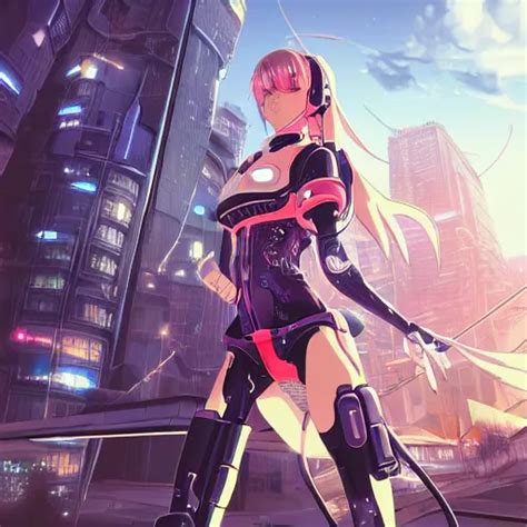 Beautiful cyborg anime girl with a futuristic city in | Stable Diffusion