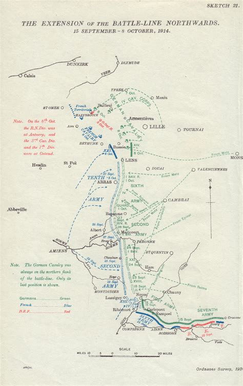 Race to the Sea, 15 September-8 October, 1914. First World War. 1933 old map