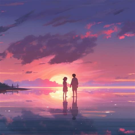 Premium AI Image | anime couple standing on the beach at sunset with the sun setting generative ai