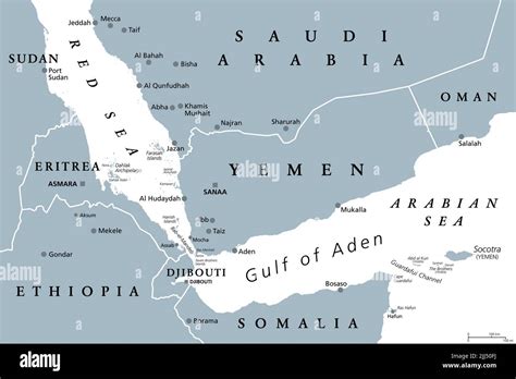 Gulf of Aden area, gray political map. Gulf between Yemen, Djibouti ...