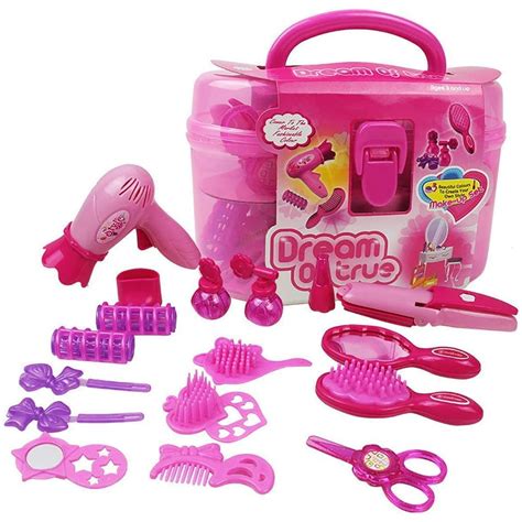 Kids Beauty Salon Set Toys Little Girl Makeup Kit Pretend Play Hair Station with Case, Hairdryer ...