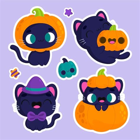 Free Vector | Halloween stickers cute cat and pumpkin