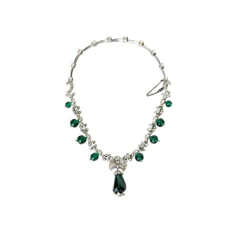 Rhinestone and Faux Emerald Drop Necklace at 1stdibs