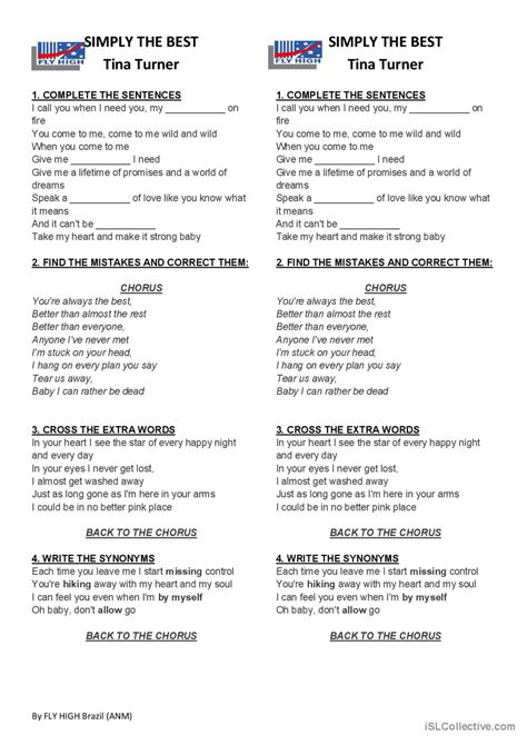 Tina Turner - Simply the best song a…: English ESL worksheets pdf & doc